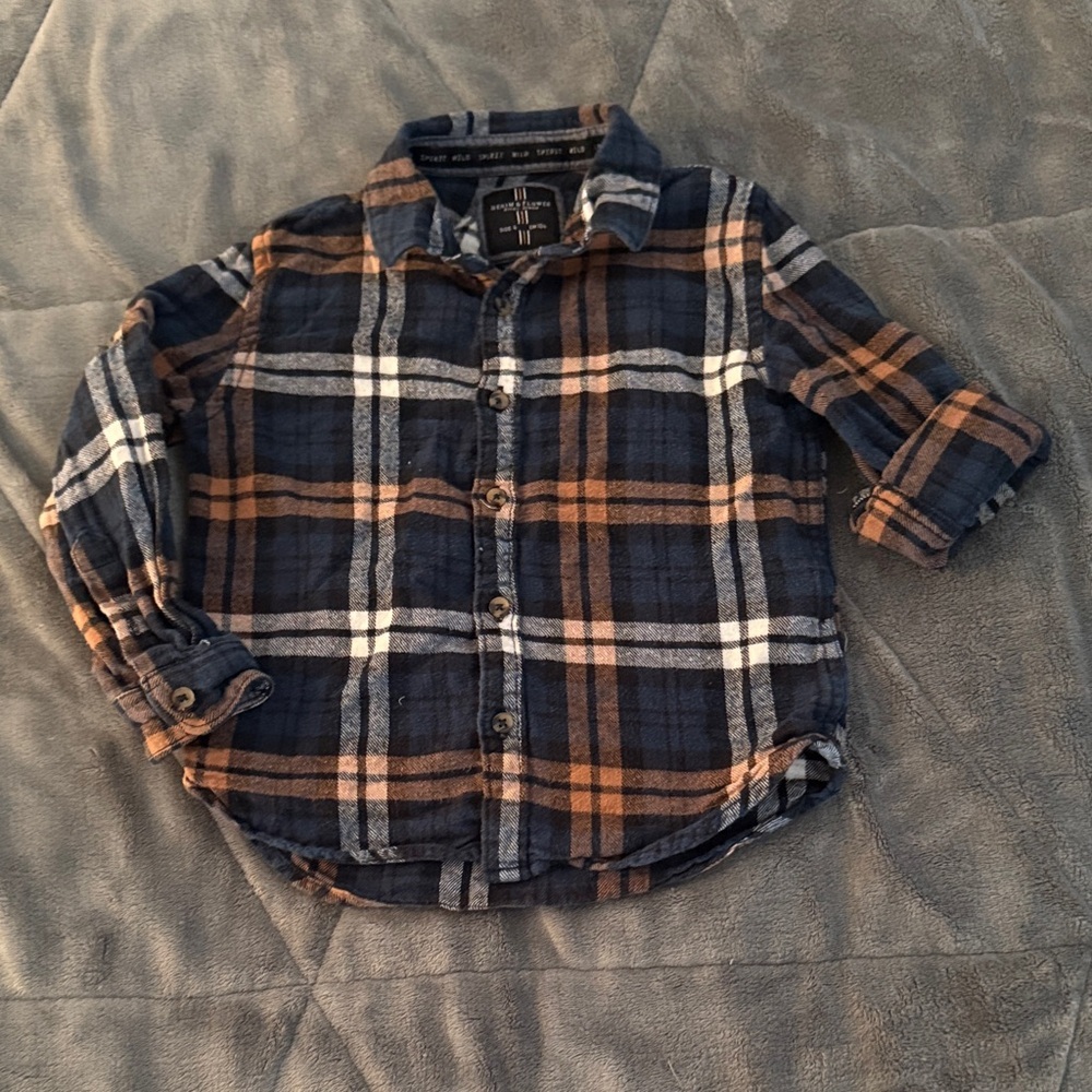 Denim & Flower Kids Navy and Brown Plaid Shirt